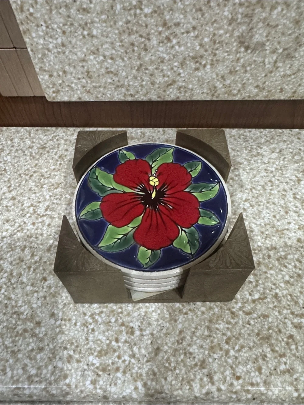 Vintage Hand-Painted Tropical Flowers Ceramic Coaster Set